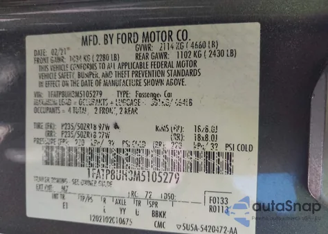 2021 Ford Mustang Ecoboost Premium z USA, uszkodzony, nr VIN 1FATP8UH3M5105279